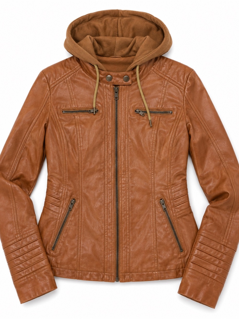 Women’s Tan Faux Leather Hooded Jacket